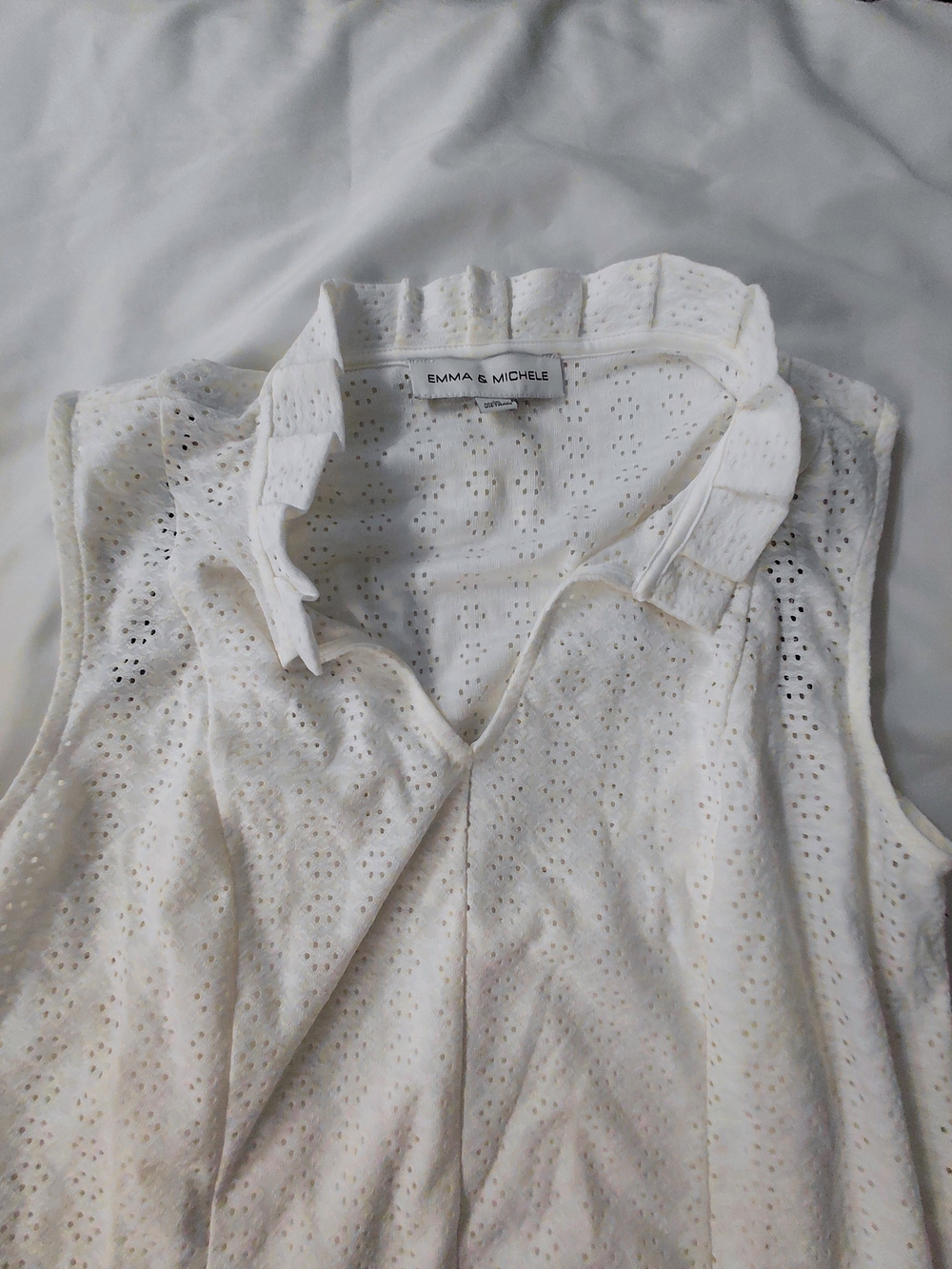 White Eyelet Sleeveless Dress with Ruffled Collar - Picture 2 of 8